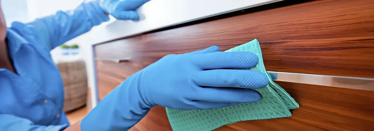 Cleaner wearing blue gloves wiping a wooden cabinet drawer with a microfiber cloth for dust and grime removal, Rockford, IL.