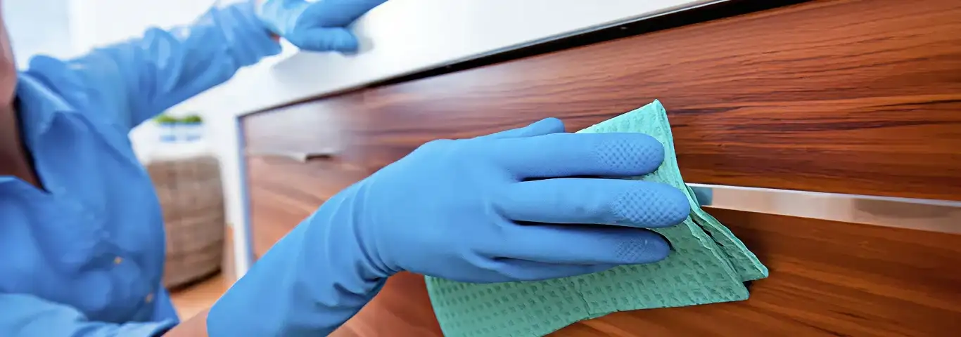 Cleaner wearing blue gloves wiping a wooden cabinet drawer with a microfiber cloth for dust and grime removal, Rockford, IL.