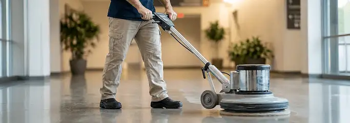 Professional technician using an industrial floor buffer to polish and maintain shiny commercial flooring in a corporate hallway in Rockford, IL.