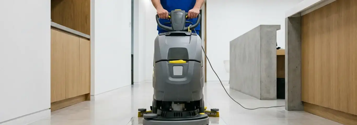 Janitorial staff using a floor scrubber machine to clean a commercial hallway, Rockford, IL.