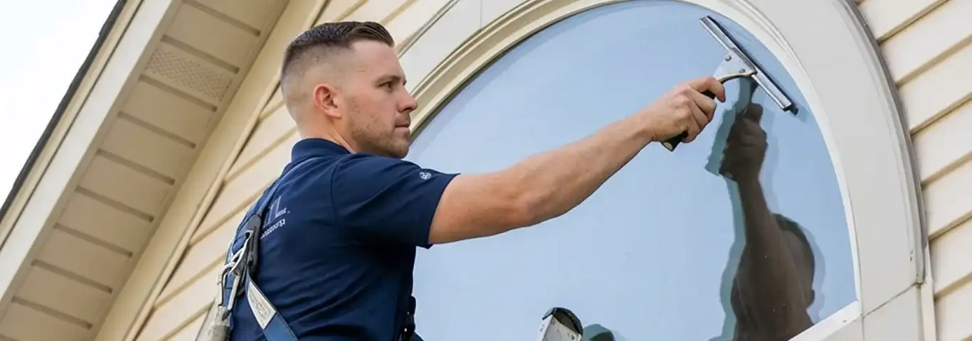 Professional window cleaner using a squeegee to clean an exterior arched window on a home, Rockford, IL.