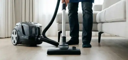 Professional house cleaner vacuuming a living room floor with a canister vacuum cleaner, Rockford, IL.