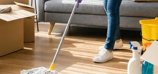 Move-out cleaning setup with a cleaner mopping hardwood floors near moving boxes and cleaning supplies, Rockford, IL.
