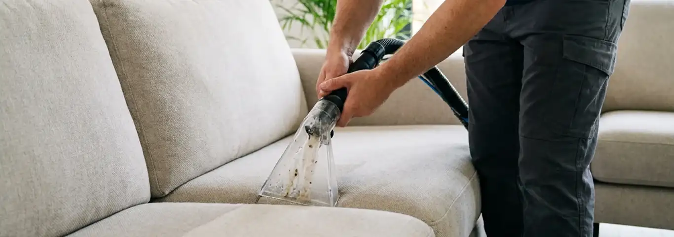 Technician extracting dirt and moisture from a fabric sofa with an upholstery cleaning wand, Rockford, IL.