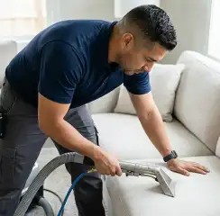 Professional upholstery cleaning technician using an extraction wand to deep-clean a fabric sofa, Rockford, IL.