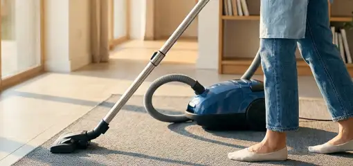 Person vacuuming a living room rug with a canister vacuum cleaner near large windows, Rockford, IL.